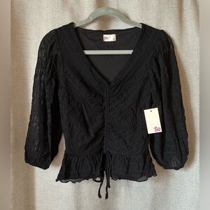 SO•cinched peplum top•small•black•3/4 length sheer lantern sleeve•new with tags